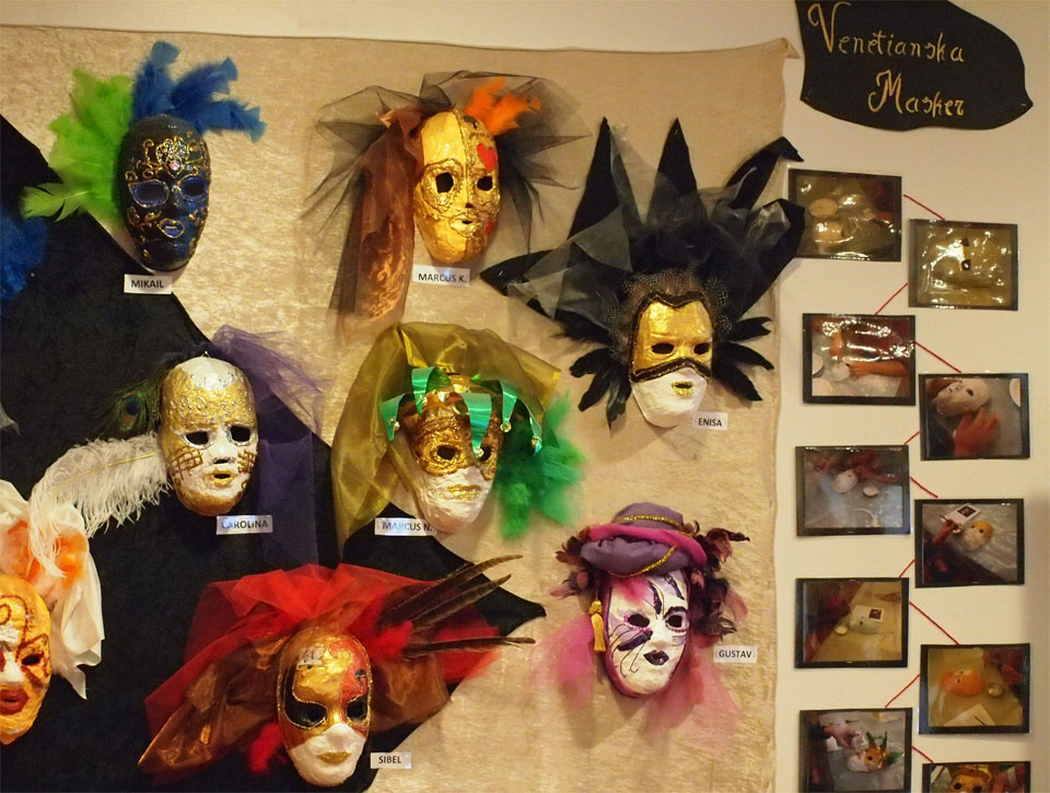Venetianska masker gjorda av elever på gymnasiesärskolan.